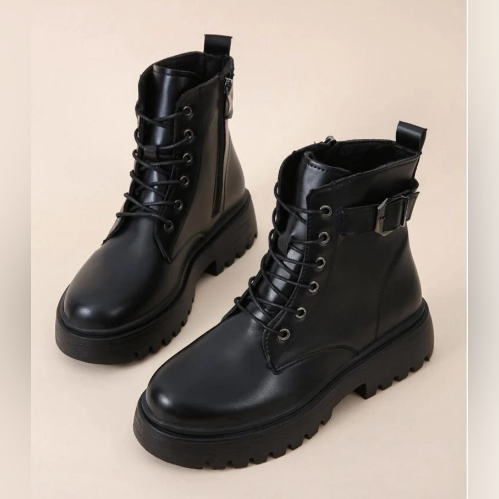 Women Buckle Design Lace-Up Front Minimalist Side Zipper Combat Boots